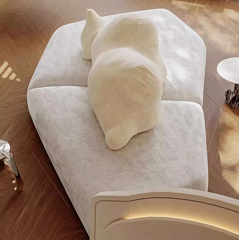 Modern white sofa with unique backrest design on a wooden floor