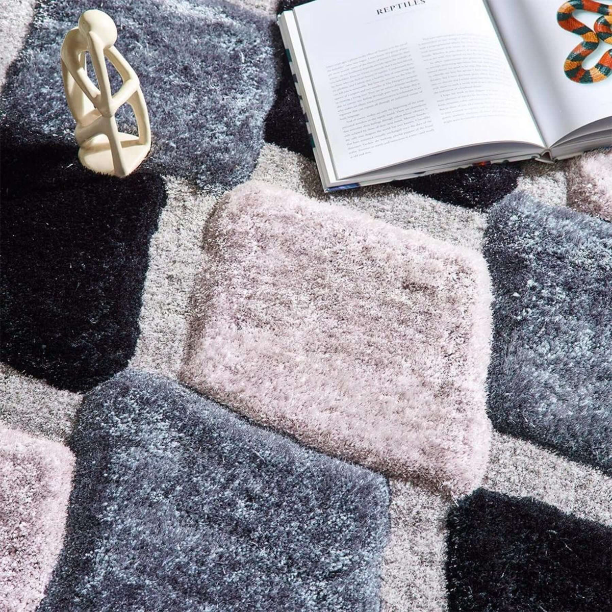 3D Grey Geometric Shaggy Rug - MOOAZAA