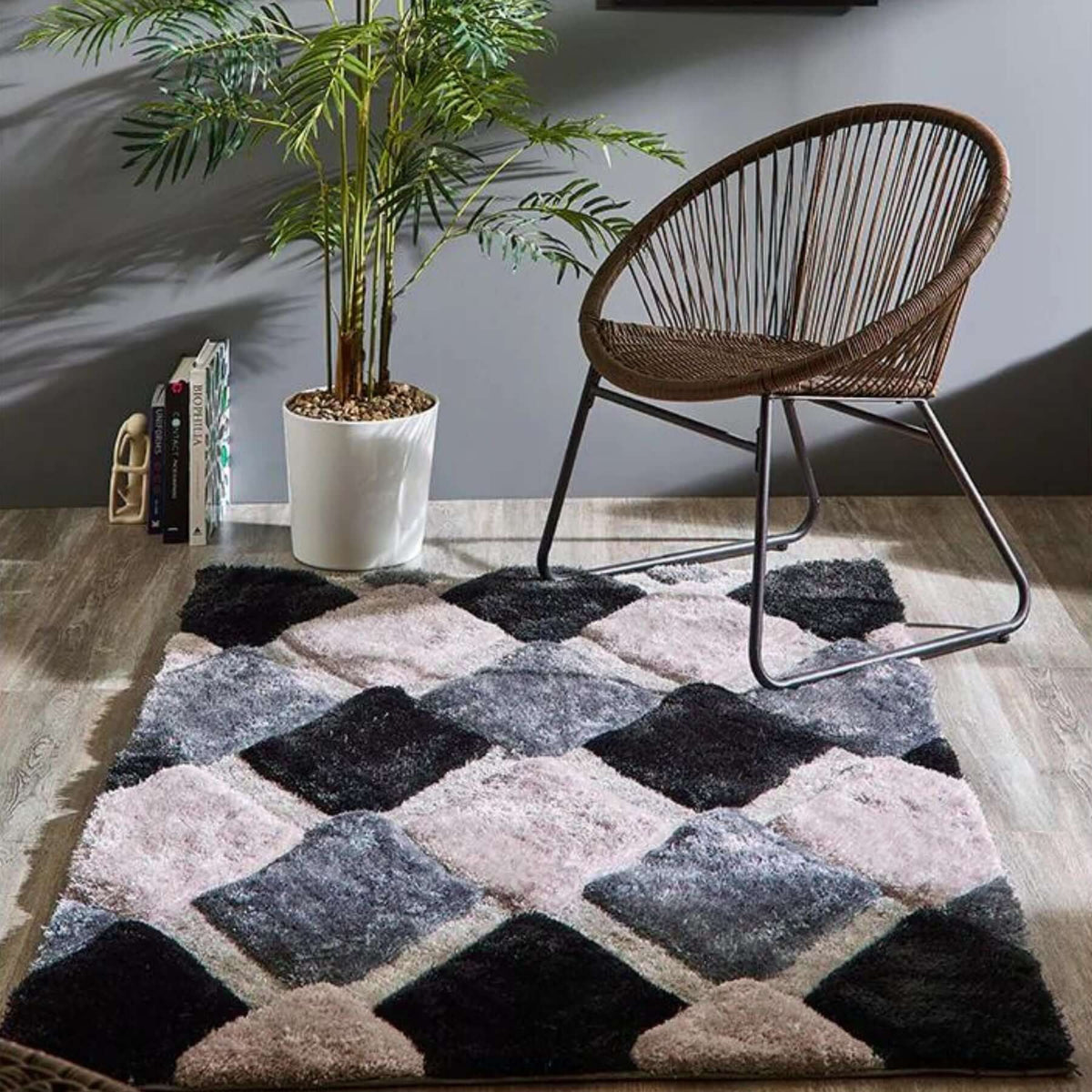 3D Grey Geometric Shaggy Rug - MOOAZAA