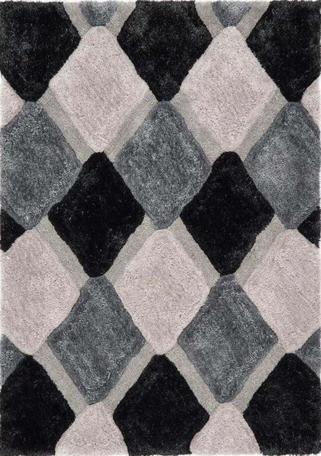 3D Grey Geometric Shaggy Rug - MOOAZAA