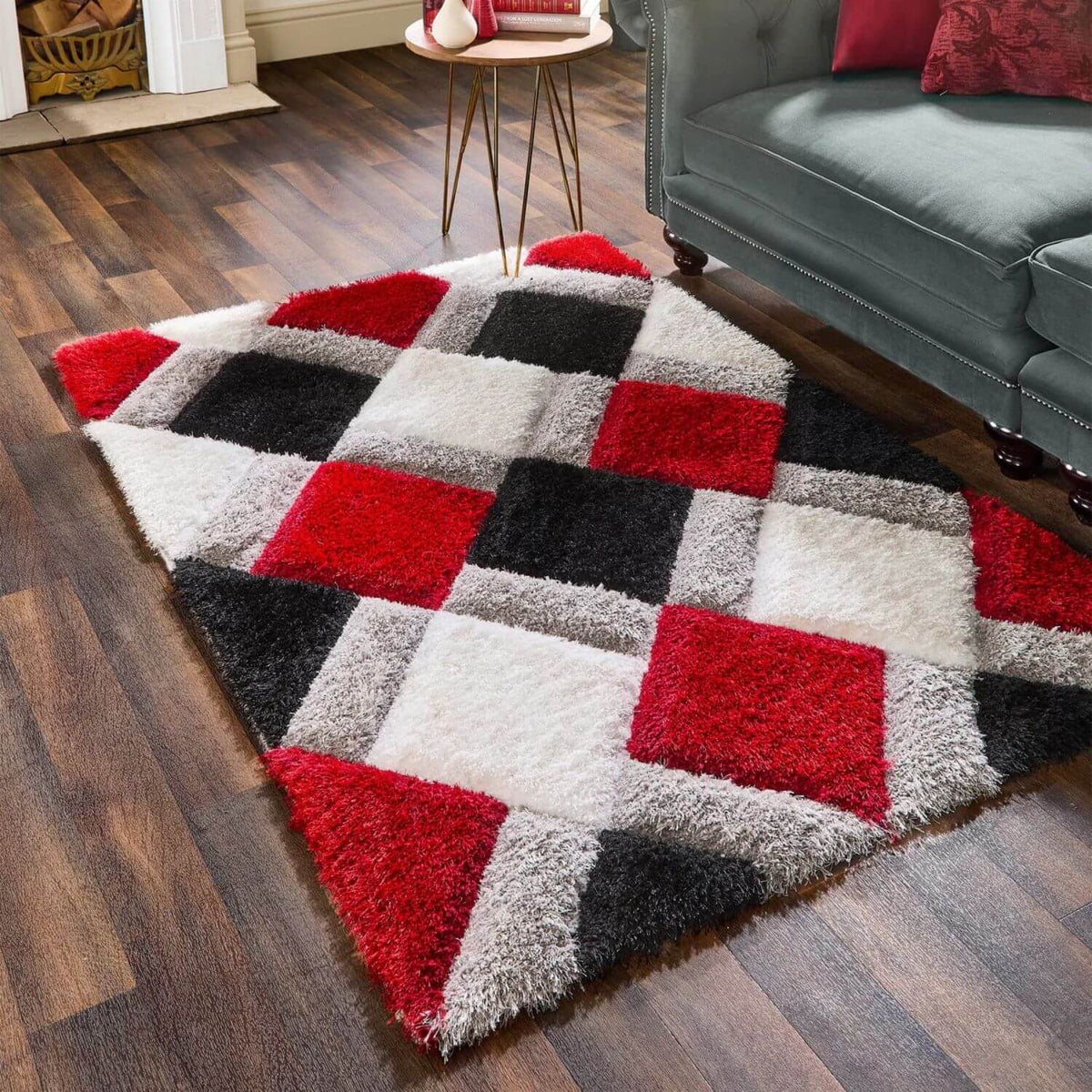 3D Red Geometric Shaggy Rug - MOOAZAA