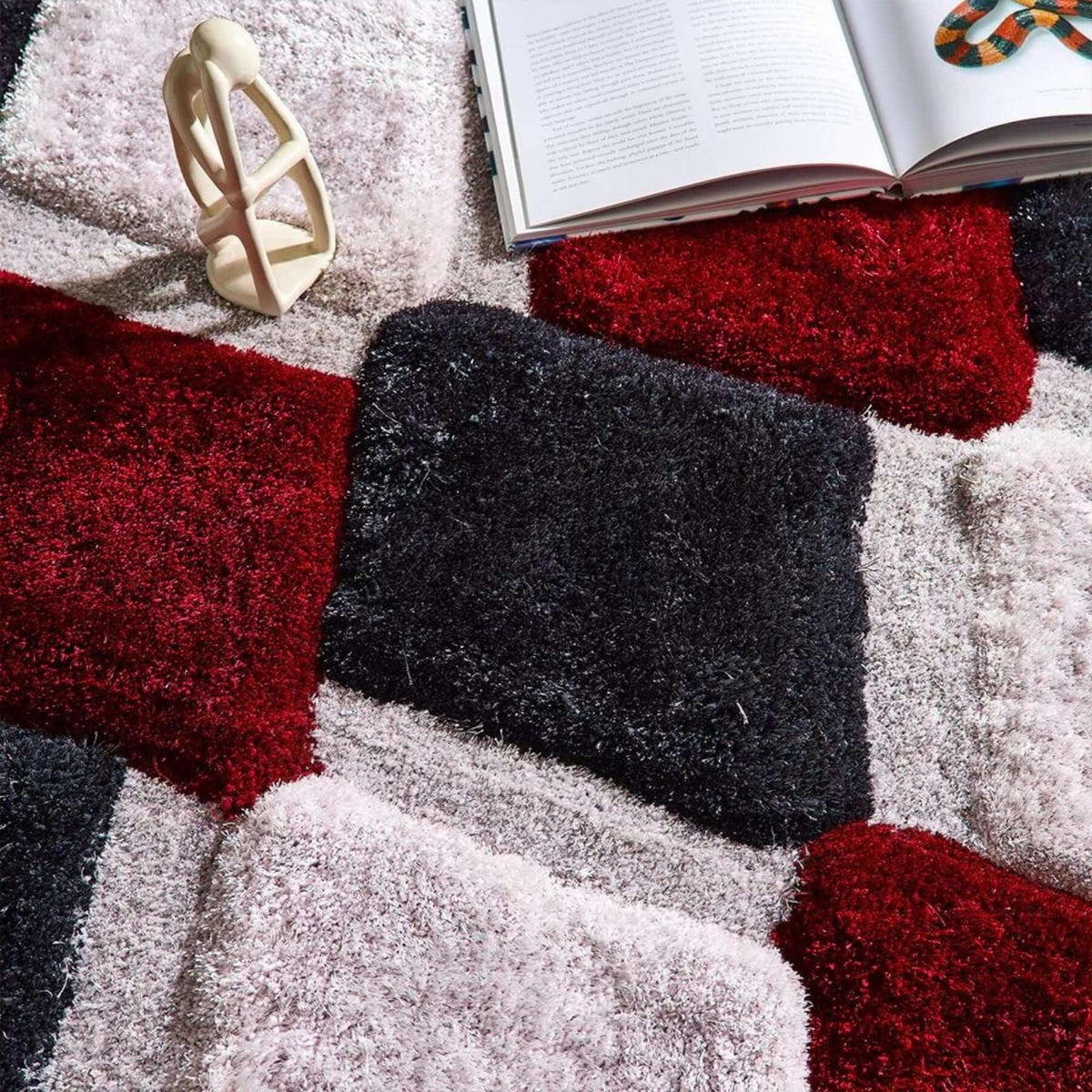 3D Red Geometric Shaggy Rug - MOOAZAA