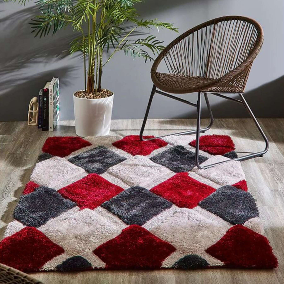 3D Red Geometric Shaggy Rug - MOOAZAA