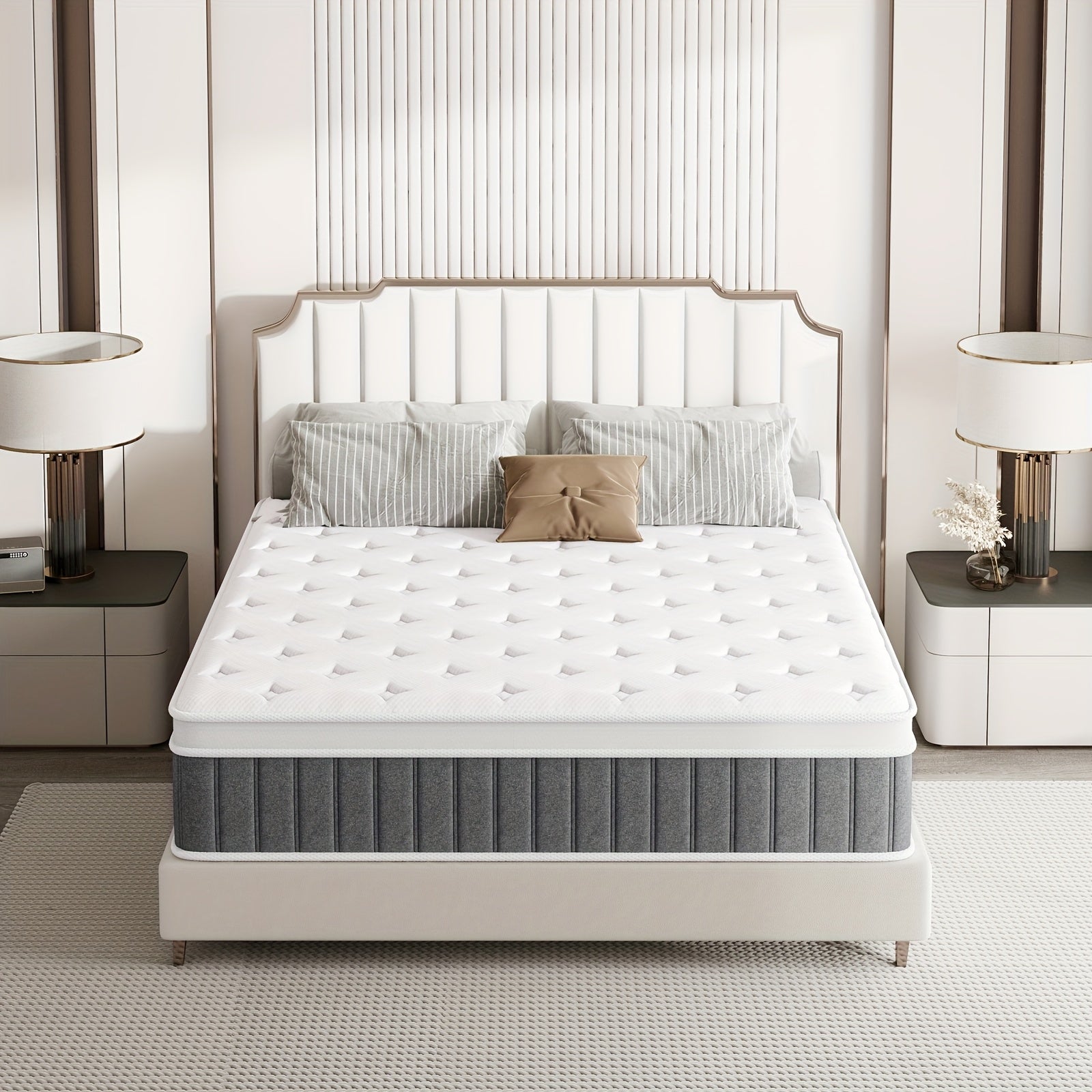 White mattress on a bed in a modern bedroom setting with lamps and decor.