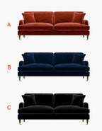 Three different colored sofas labeled A, B, and C on a white background.