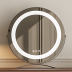 Round makeup mirror with LED lighting on a stand against a neutral background