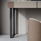 Modern bathroom vanity with a sink and mirror, featuring a neutral color palette.