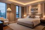 Modern bedroom with large windows, bed, and armchair.