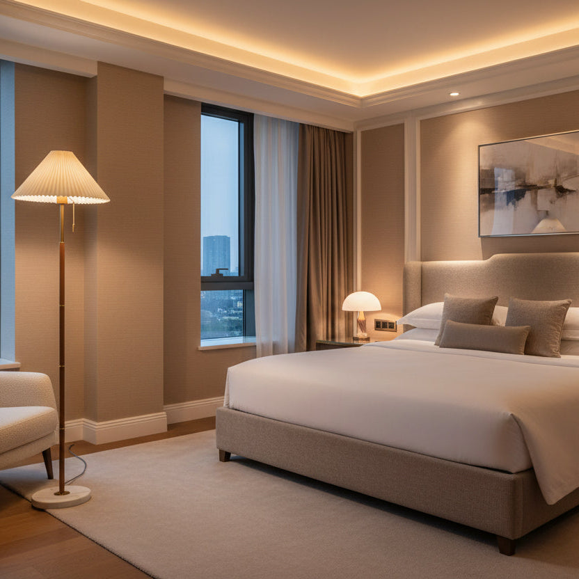 Modern bedroom with a large bed, lamp, and city view window.