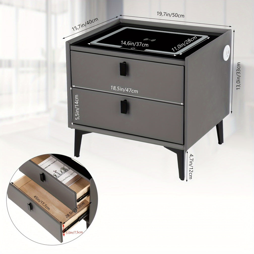 Gray nightstand with dimensions displayed on a white background