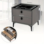 Gray nightstand with dimensions displayed on a white background