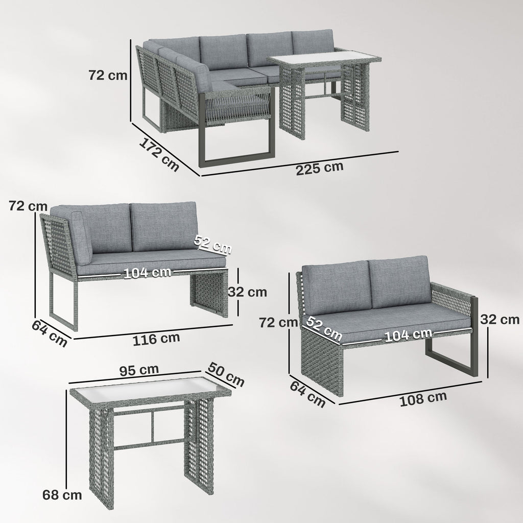 Outsunny 6 Seater Rattan Garden Furniture Set with 3 Loveseats, Table, Patio Rattan Furniture Corner Sofa Set, Grey