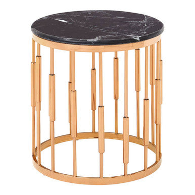 Alvaro Black Marble and Rose Gold Finish Round Side Table