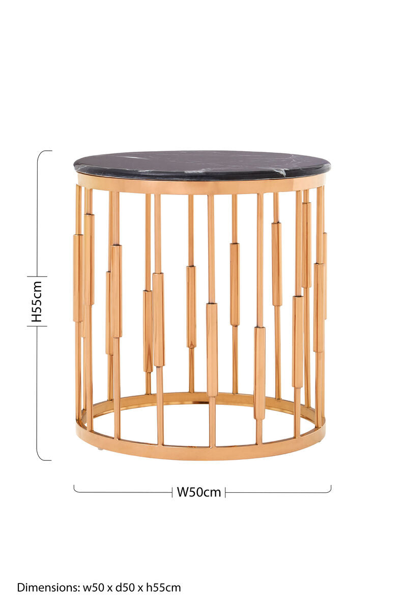 Alvaro Black Marble and Rose Gold Finish Round Side Table