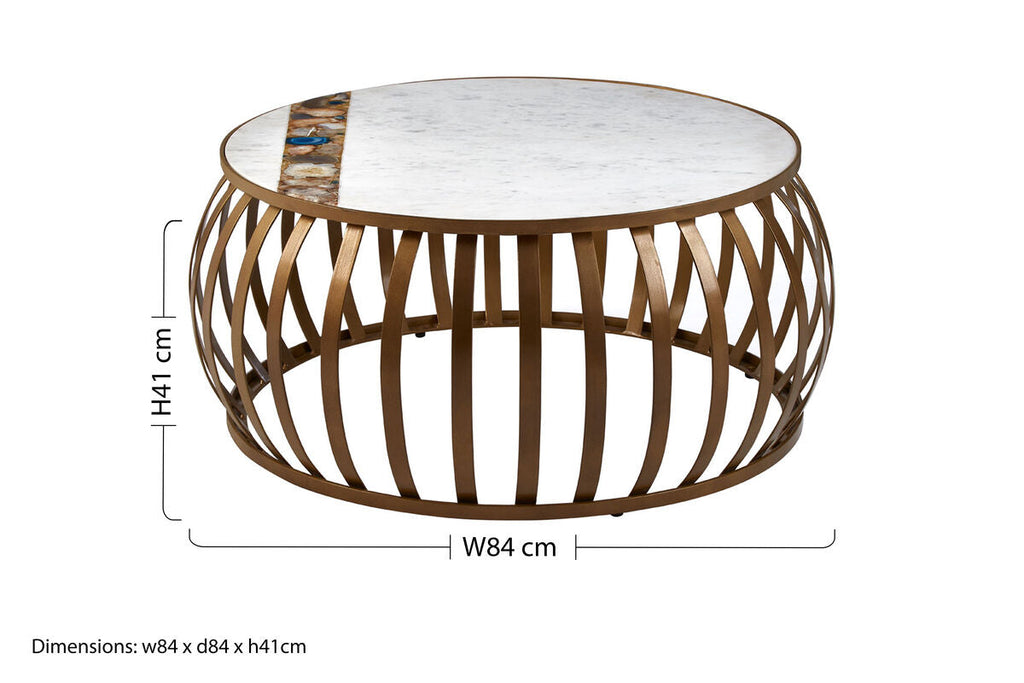 Round coffee table with marble top and bronze metal frame, showing dimensions on a white background.