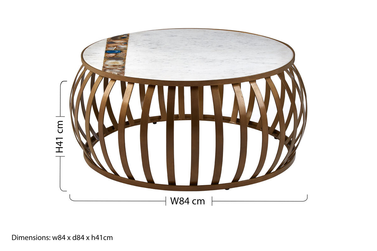 Round coffee table with marble top and bronze metal frame, showing dimensions on a white background.