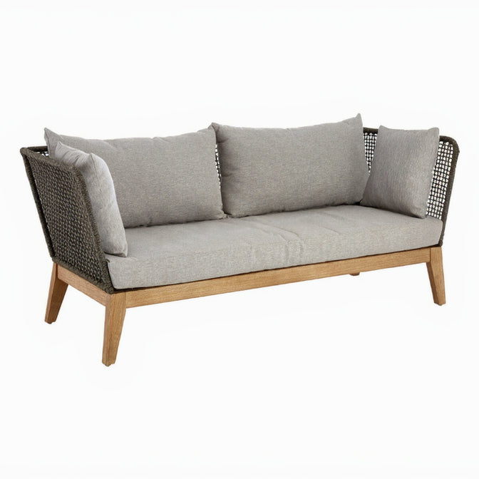Outdoor sofa with wicker frame and gray cushions on a white background