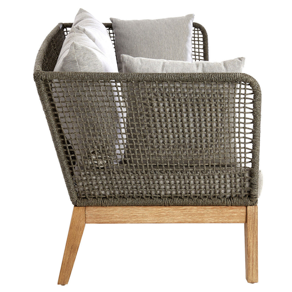 Woven chair with wooden legs and cushions on a white background