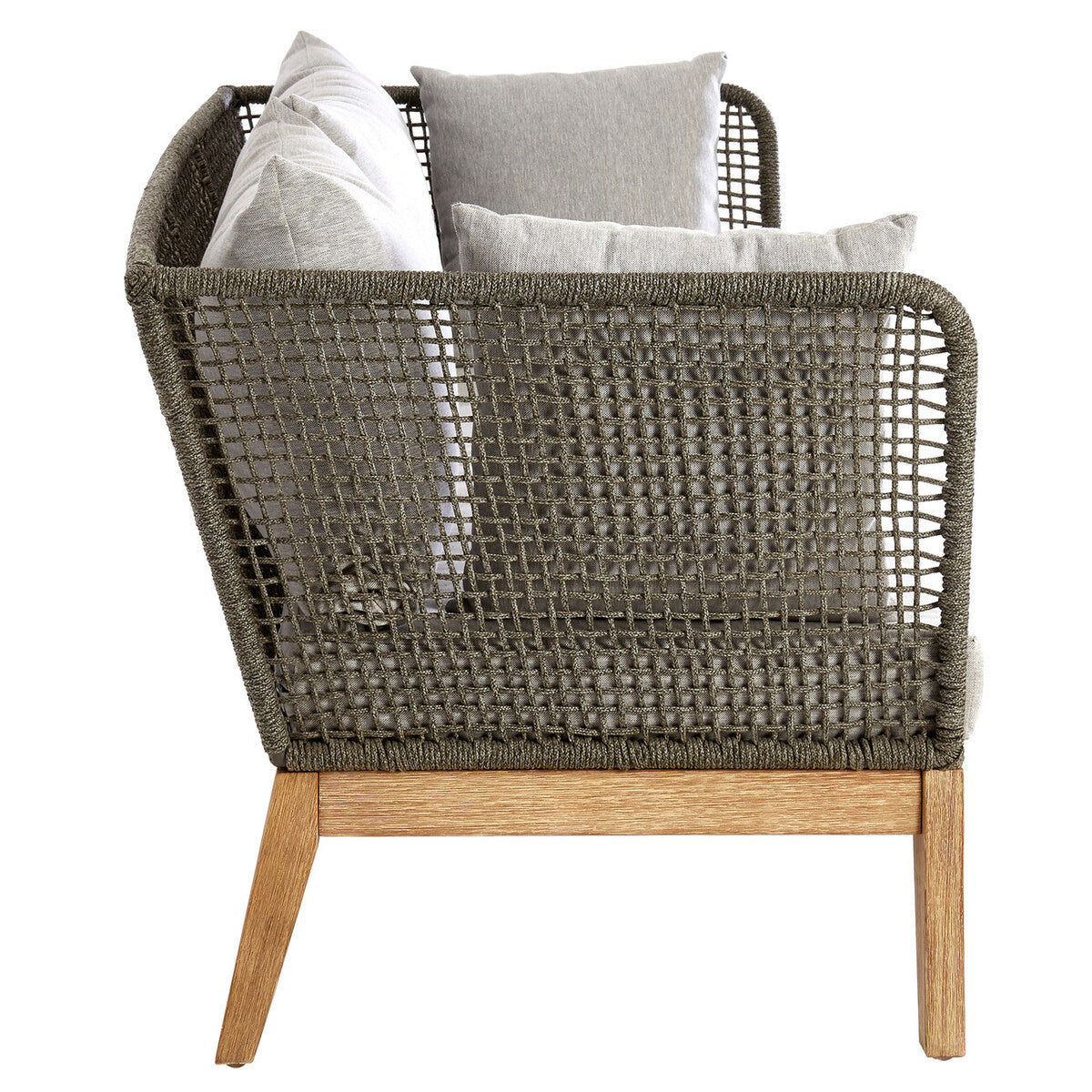 Woven chair with wooden legs and cushions on a white background