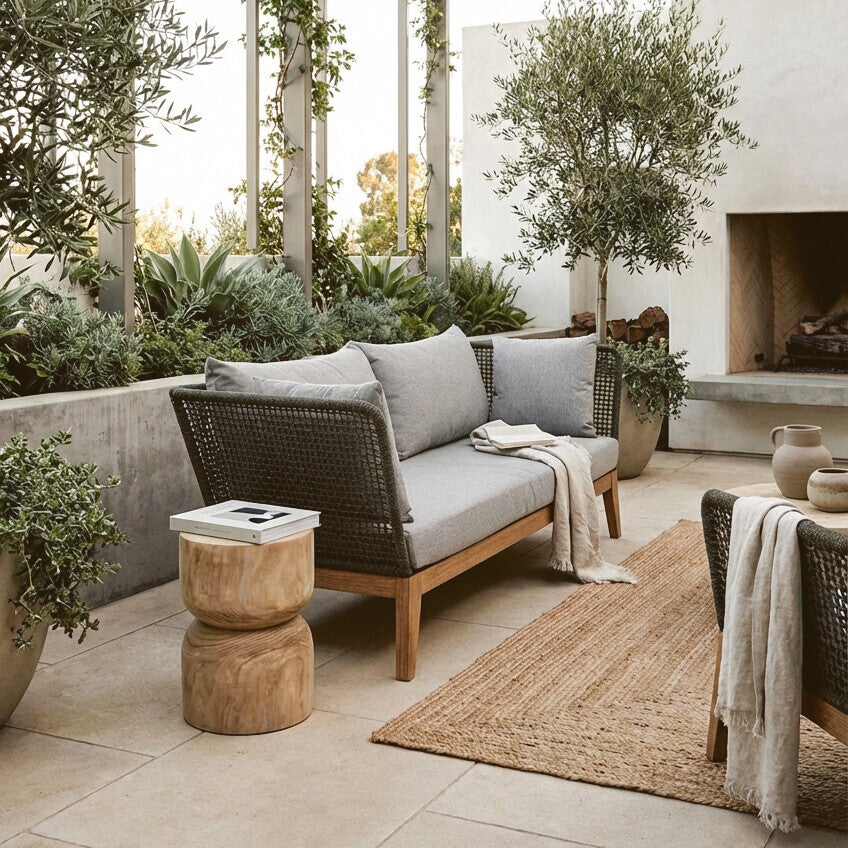 Outdoor patio with wicker sofa, wooden side table, and potted plants.