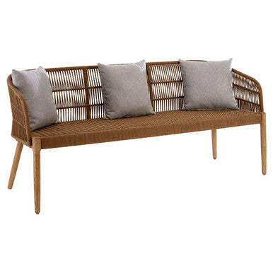 Wicker bench with gray cushions on a white background