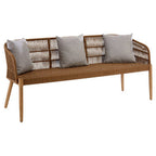 Wicker bench with gray cushions on a white background