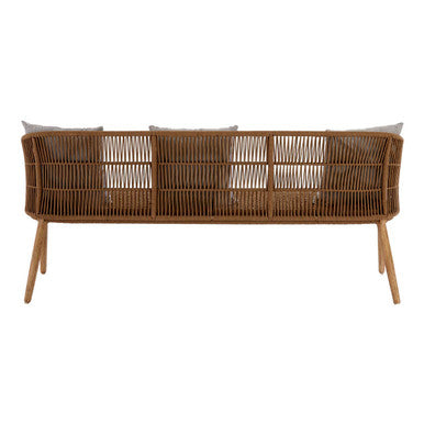 Wicker bench with wooden legs on a white background