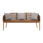 Wicker bench with gray cushions on a white background