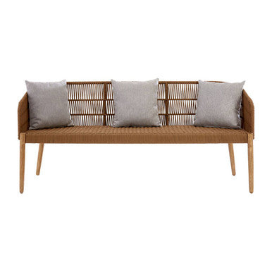 Wicker bench with gray cushions on a white background