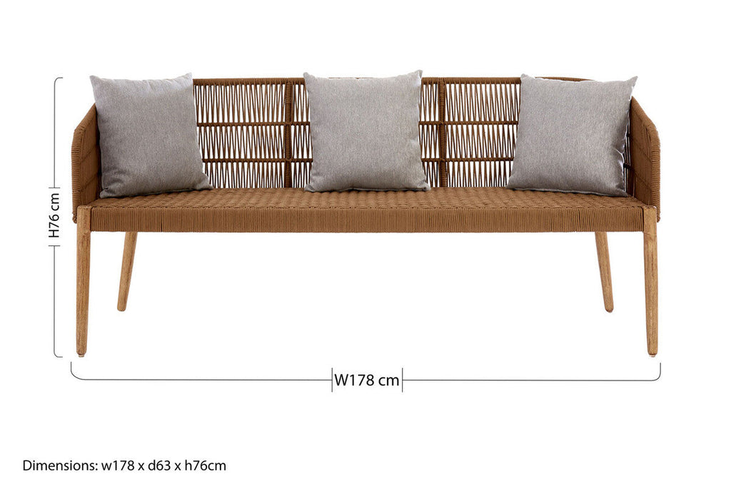 Wicker bench with gray cushions and dimensions displayed
