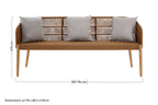 Wicker bench with gray cushions and dimensions displayed