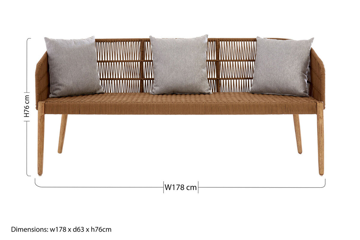 Wicker bench with gray cushions and dimensions displayed