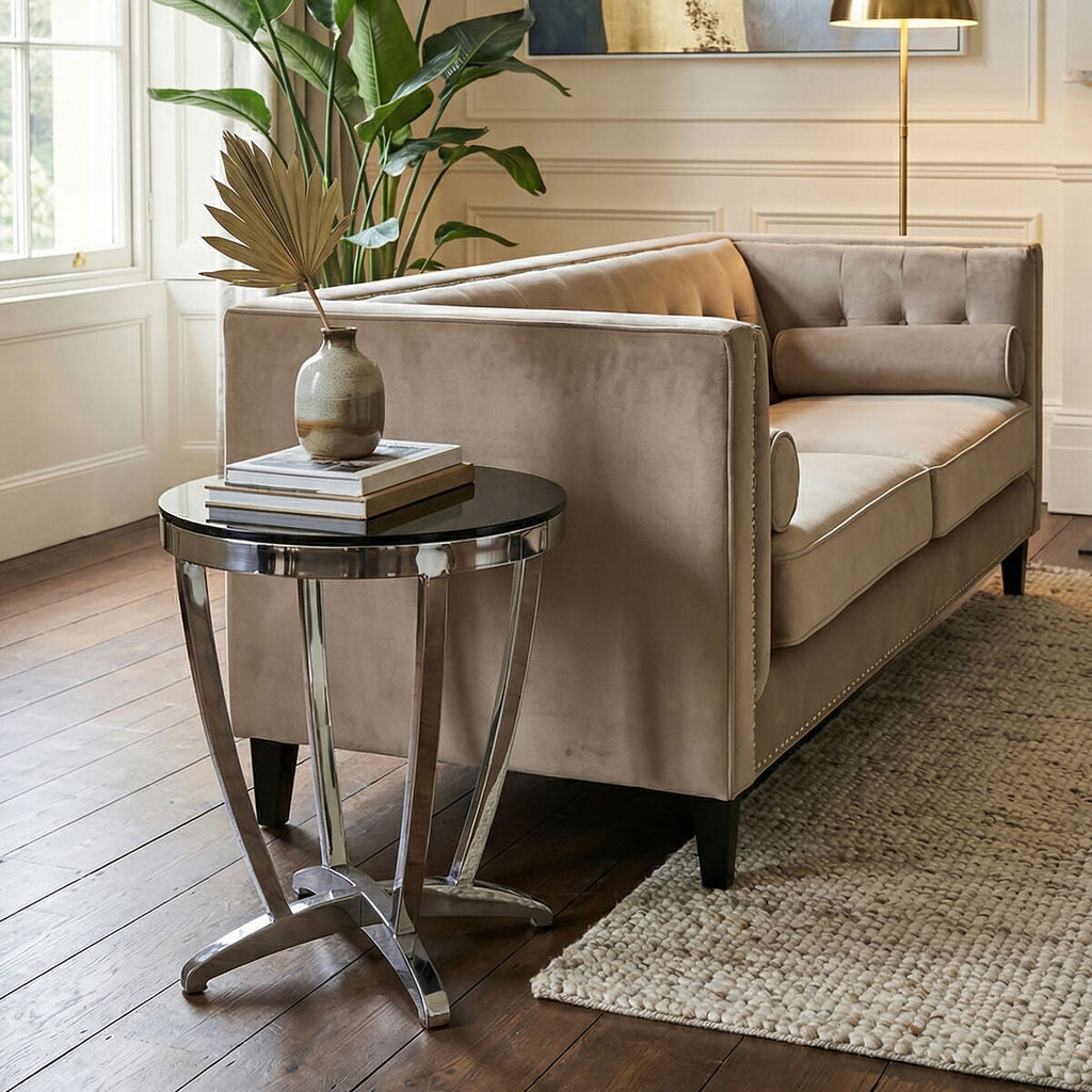 Yasmin Black Glass Side Table with Silver Finish Frame