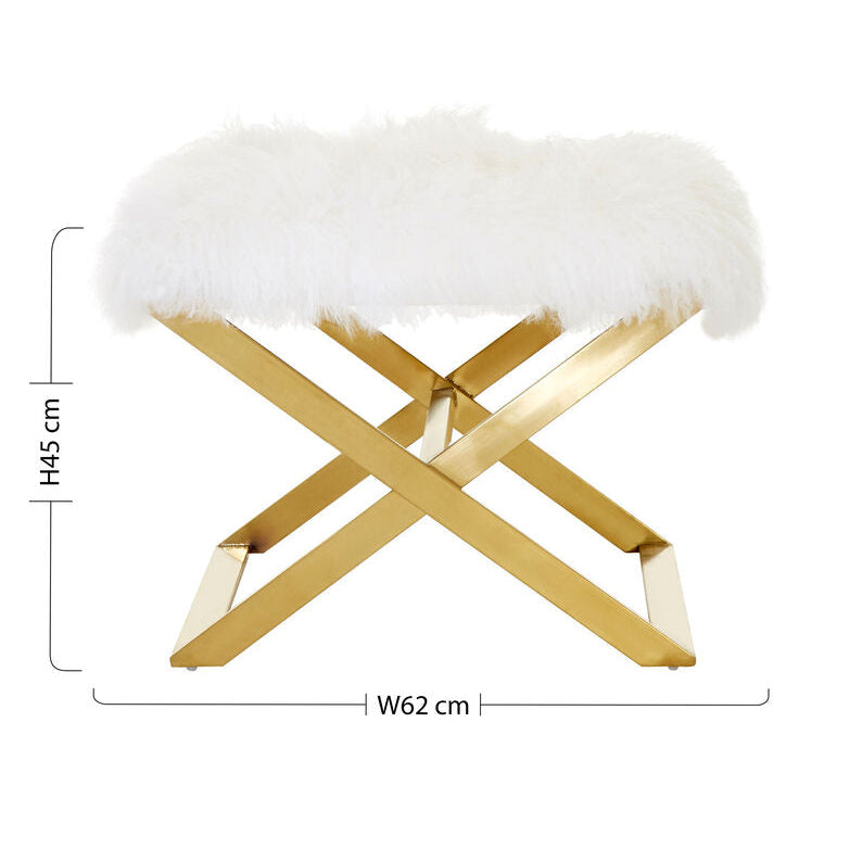Stool with white fur top and gold metal frame, shown with dimensions on a white background.