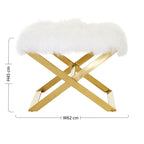 Stool with white fur top and gold metal frame, shown with dimensions on a white background.