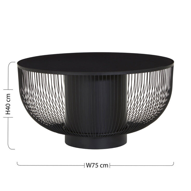 Black wire mesh planter with dimensions on a white background
