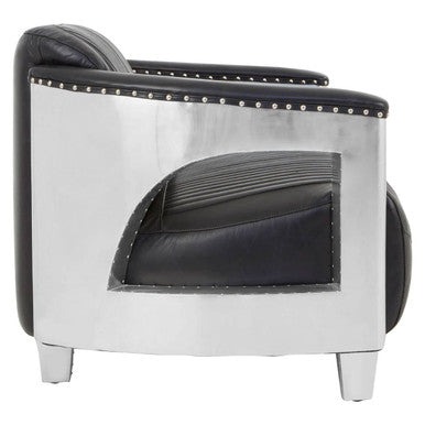 Black leather armchair with metallic frame on a white background