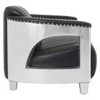 Black leather armchair with metallic frame on a white background