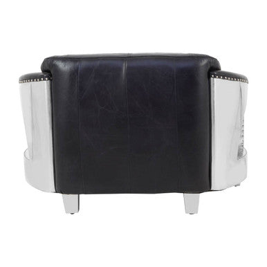 Black leather armchair with silver accents on a white background