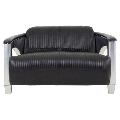 Black leather sofa with chrome armrests on a white background
