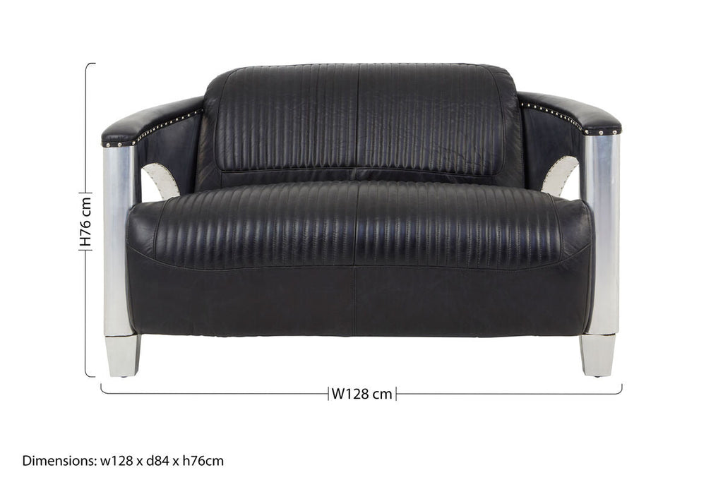 Black leather sofa with dimensions on a white background