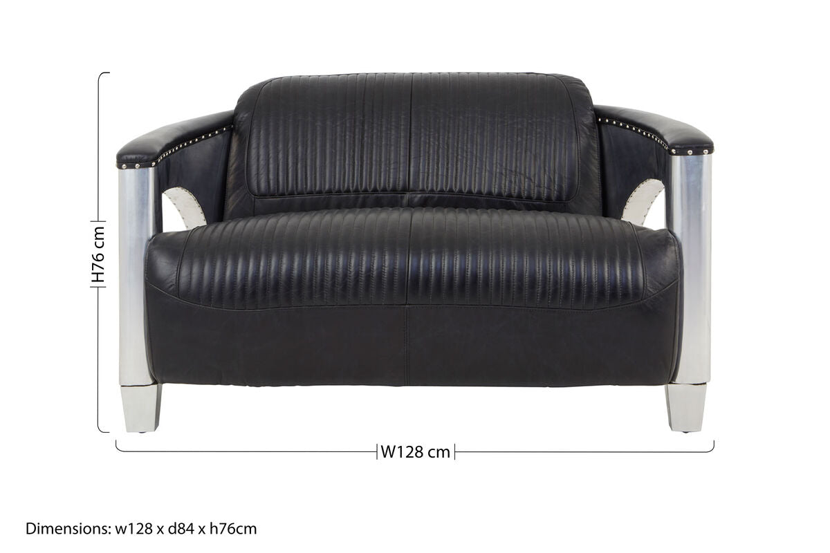 Black leather sofa with dimensions on a white background