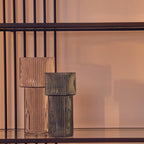 Two glass vases on a reflective surface with a metallic grid background