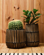 Arlo Black and Natural Large Engraved Wood Planter