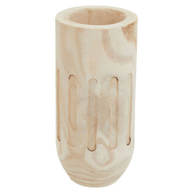 Wooden vase with a cylindrical shape and textured surface on a white background