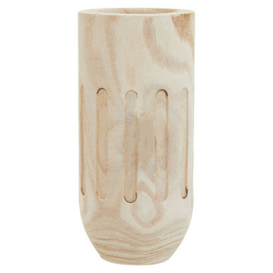 Wooden vase with a textured surface on a white background
