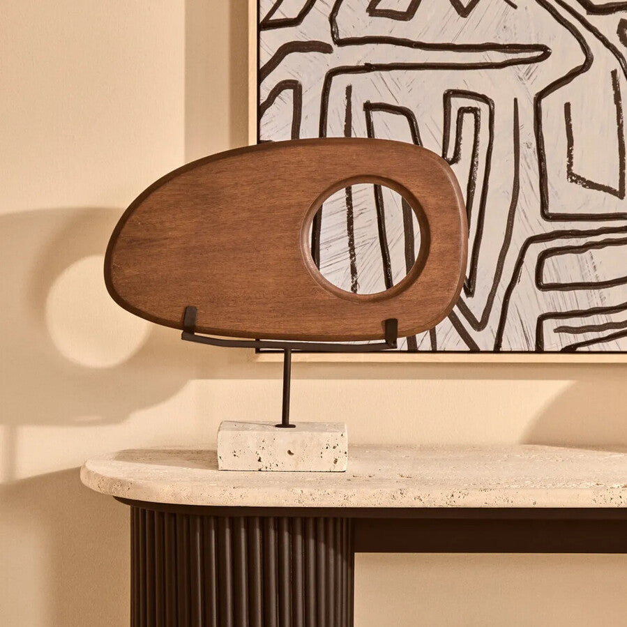Natural Wood Horizontal Sculpture with Travertine Base | Westo