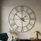 60cm Dia Silver Metal Roman Numeral Wall Clock | Genova