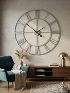 60cm Dia Silver Metal Roman Numeral Wall Clock | Genova