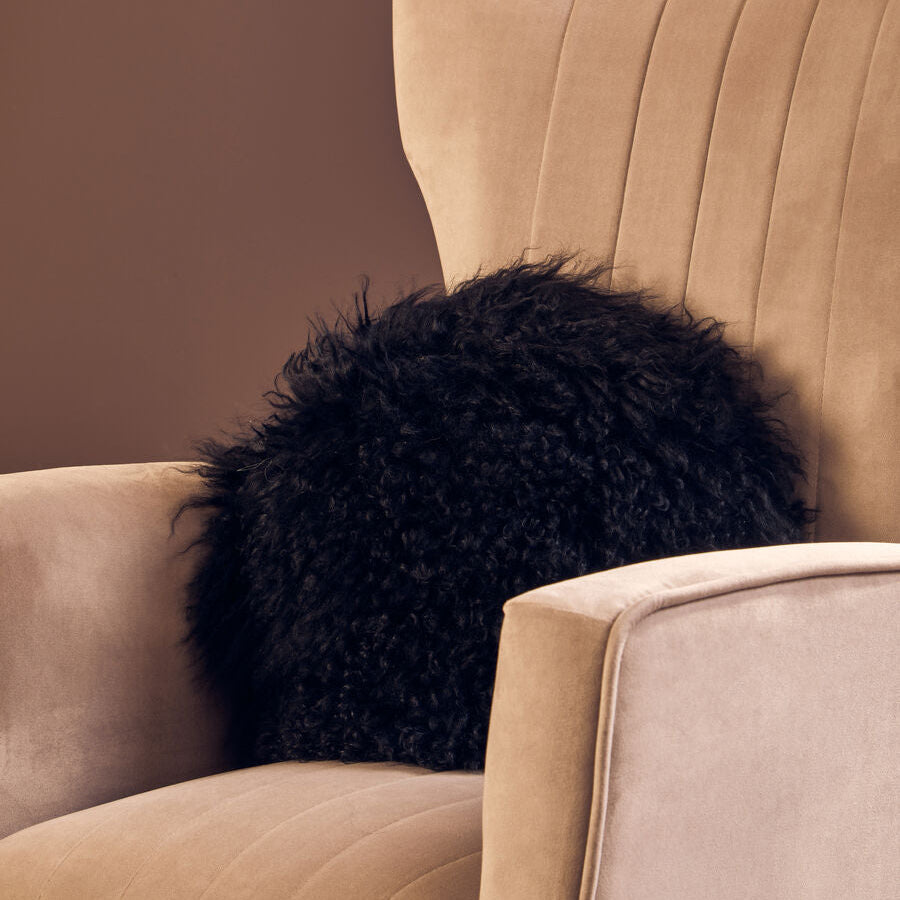 Bosie Real Fur Black Round Cushion | Mongolian